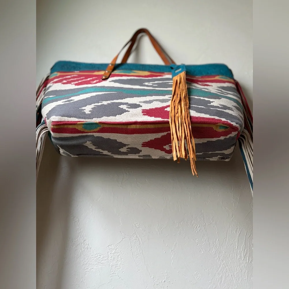 Handmade Leather Fringe Tote Southwestern Ikat Boho Oversized Bag - Picture 10 of 12